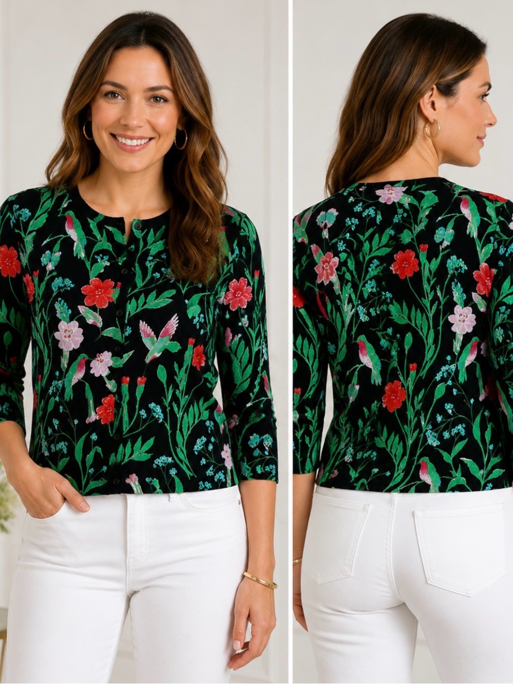 Kate Spade Live Colorfully L Floral Hummingbird Cardigan Black Cotton 3/4 Sleeve